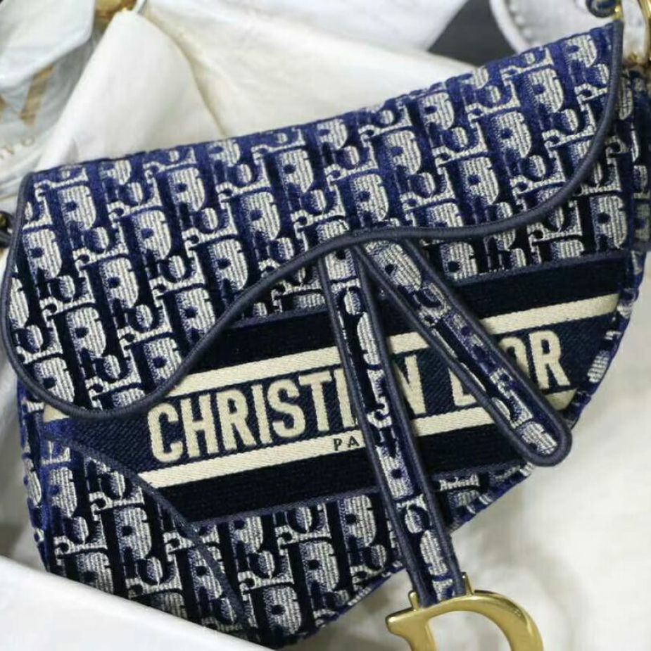 Dior Oblique Deep Blue Canvas Saddle Bag (With Box)