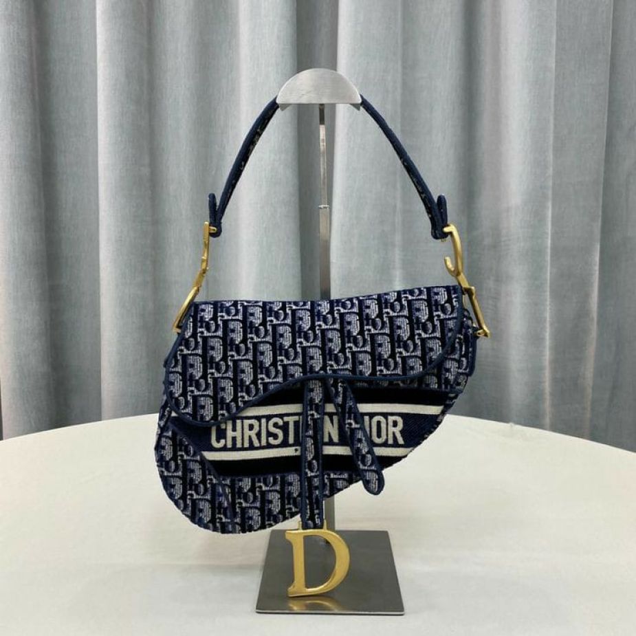 Dior Oblique Deep Blue Canvas Saddle Bag (With Box)