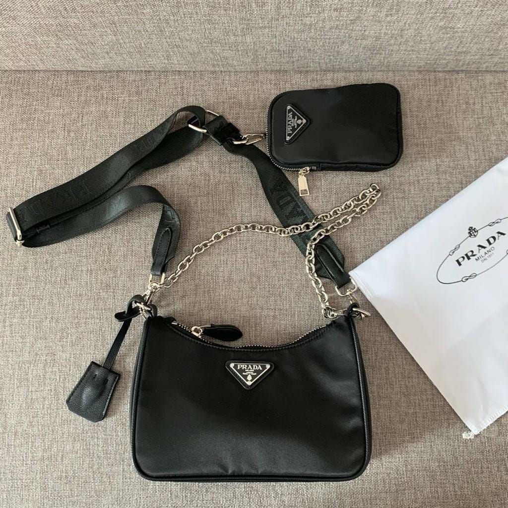 Prada Re-Edition 2005 Multi Pochette Black Silver Sling Bag (With Box)