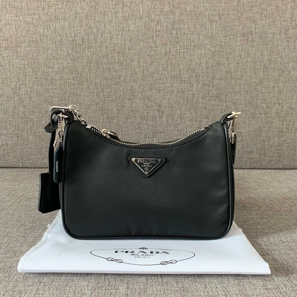 Prada Re-Edition 2005 Multi Pochette Black Silver Sling Bag (With Box)