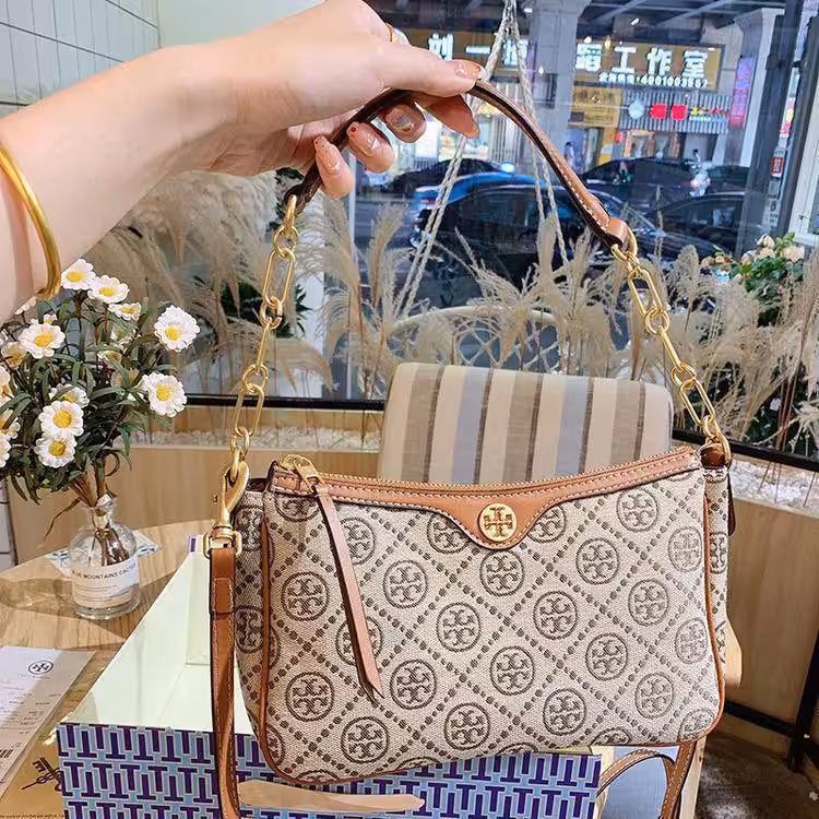 3c5d6bde-8a9c-4a81-9ef0-c2e2b0cb9fc7 Tory Burch T Monogram Khaki Jacquard Sling Bag (With Box)