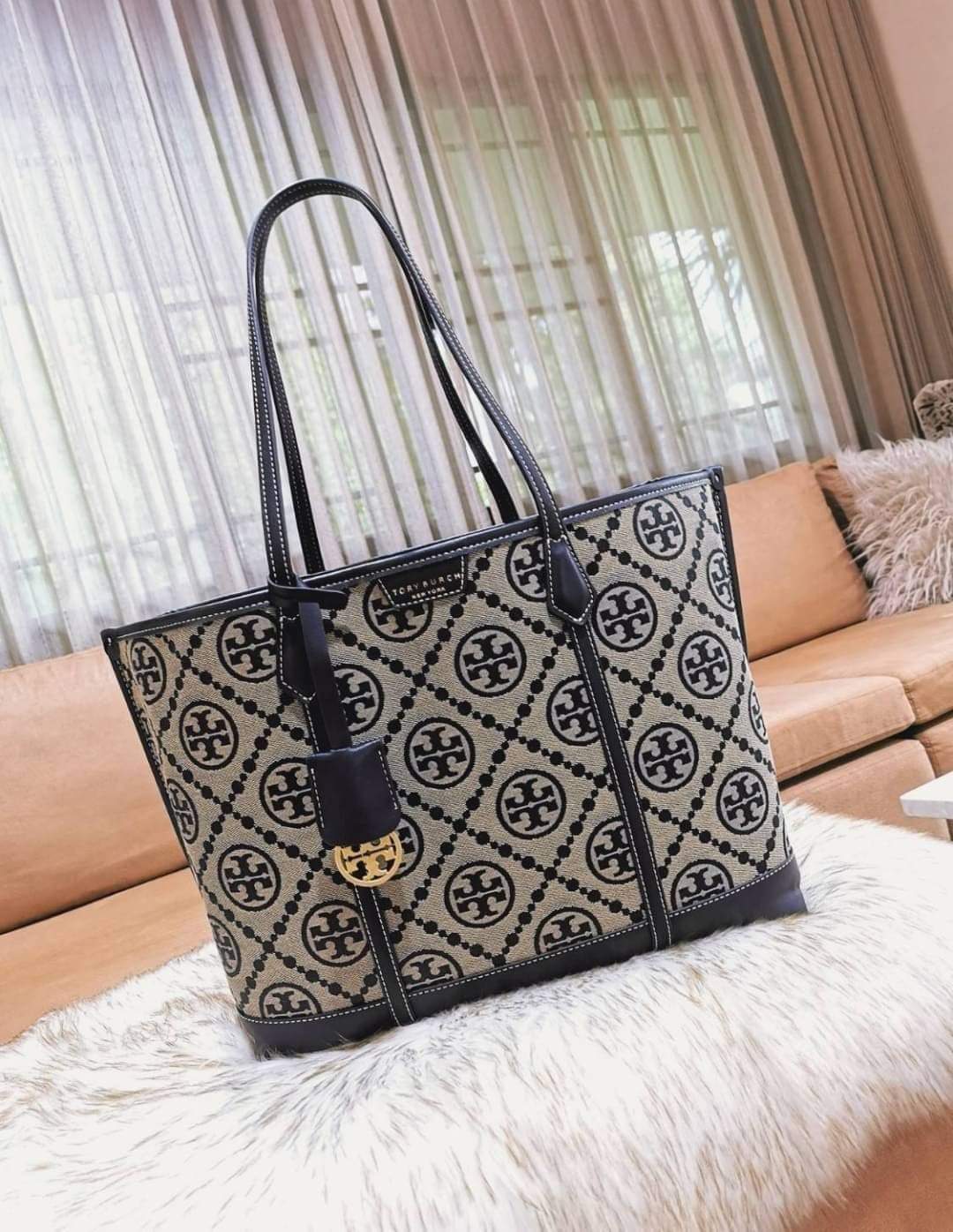 Tory Burch T Monogram Blue Jacquard Tote