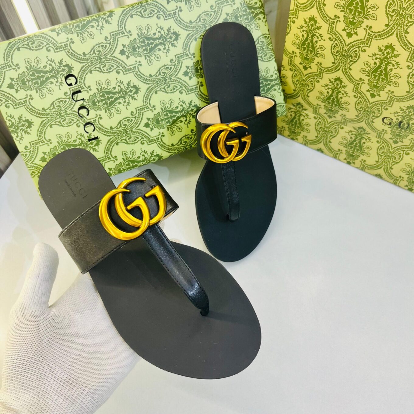 Gucci Black GG Thong Slide