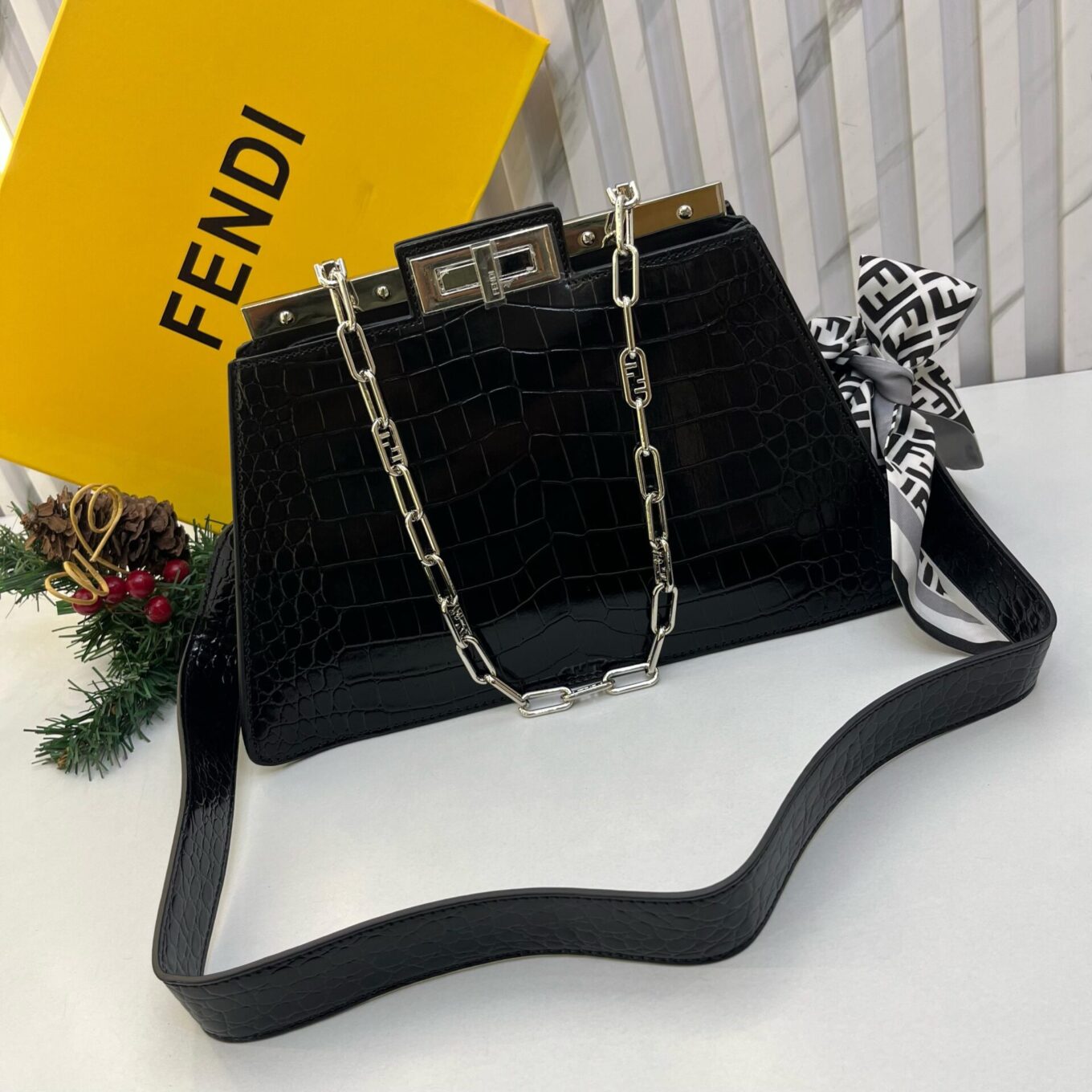 Fendi Pekaboo Croco Cut Black Shoulder Bag (With Box)