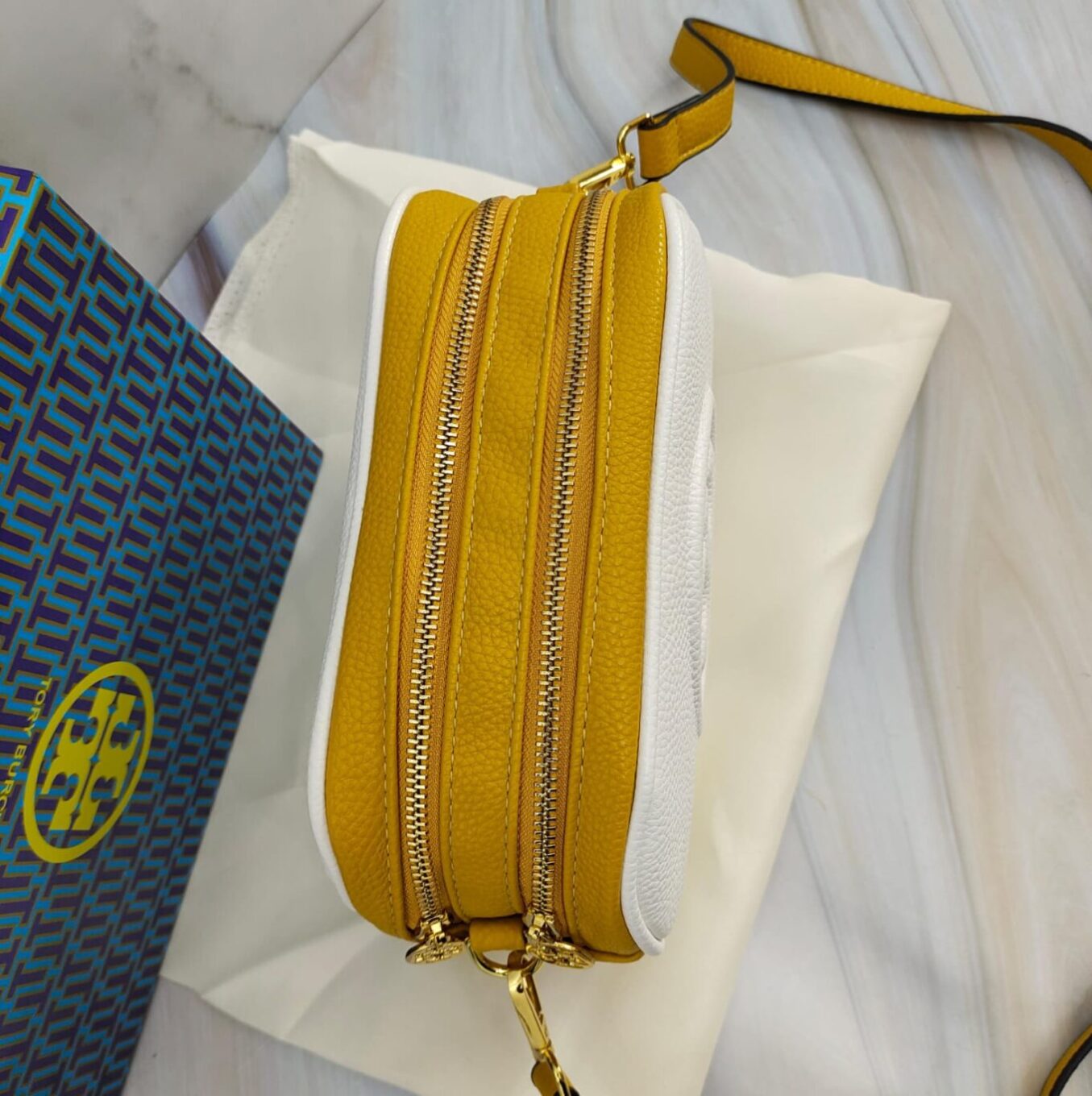 WhatsApp Image 2023-08-18 at 17.59.23 Tory Burch Perry Bombe White yellow Color Camera Bag (With Box)