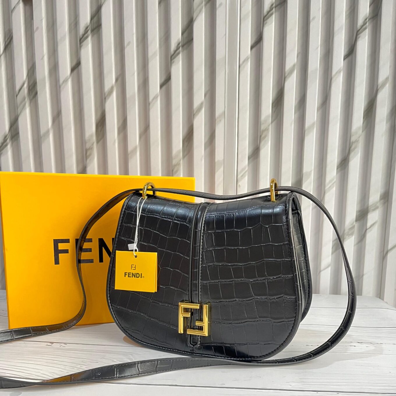 Fendi C’mon Black Croco Medium Satchel Purse (With Box)