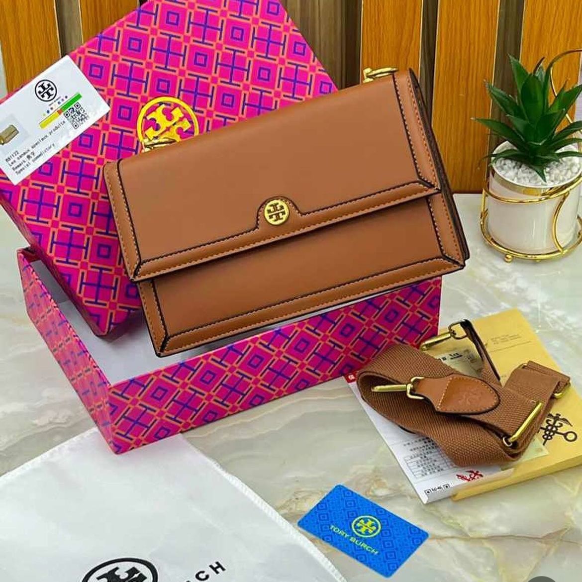 Tory Burch T Monogram Brown Sling Bag (With Box)