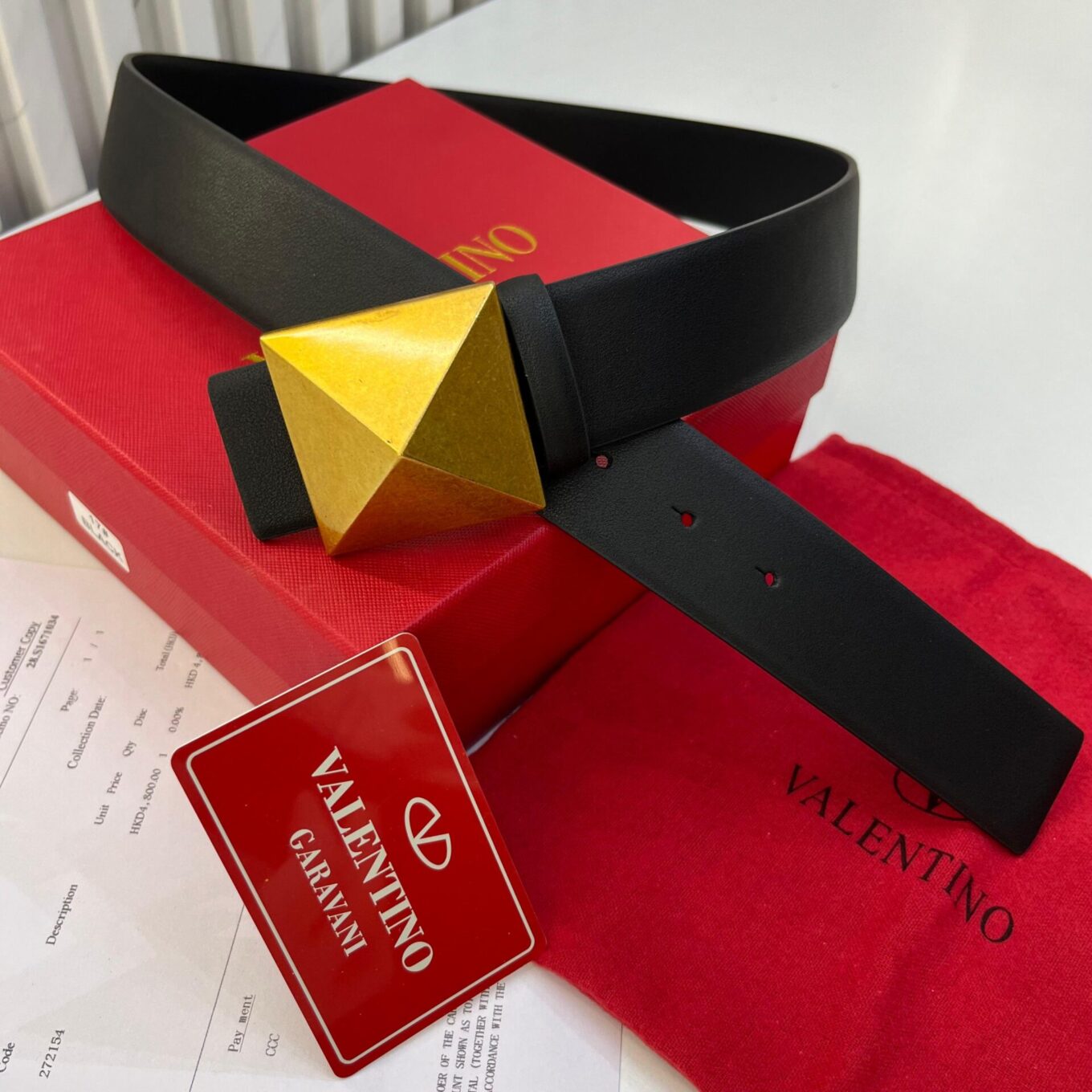 Valentino One Stud Black & Gold Buckle Belt For Women