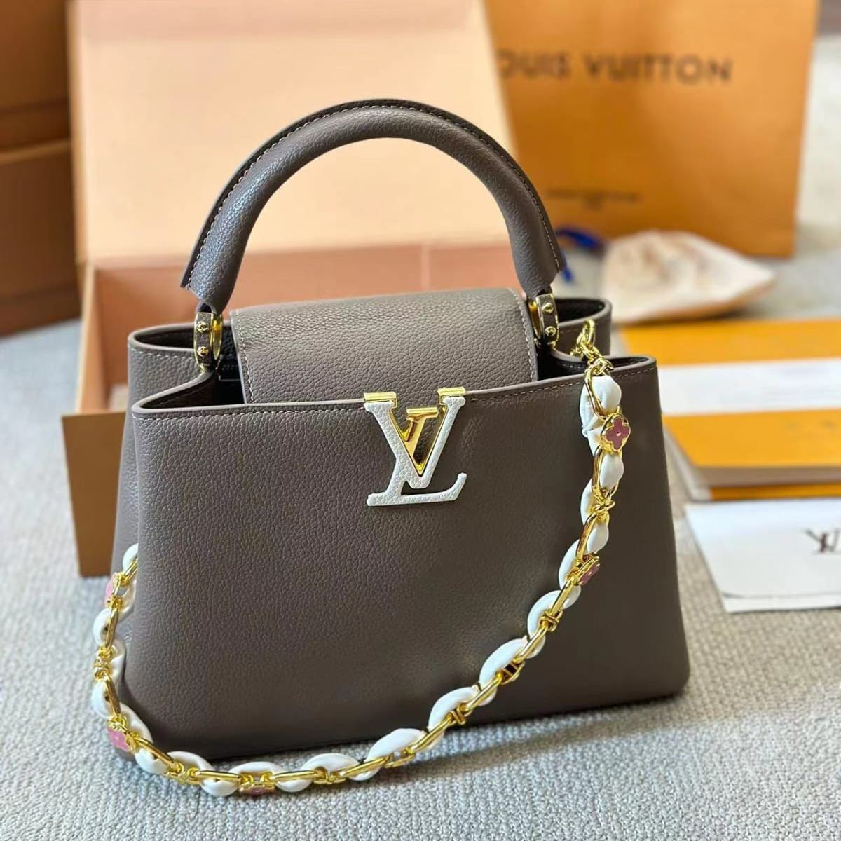 Louis Vuitton Khaki Capucines Handbag Premium Quality (With Box)