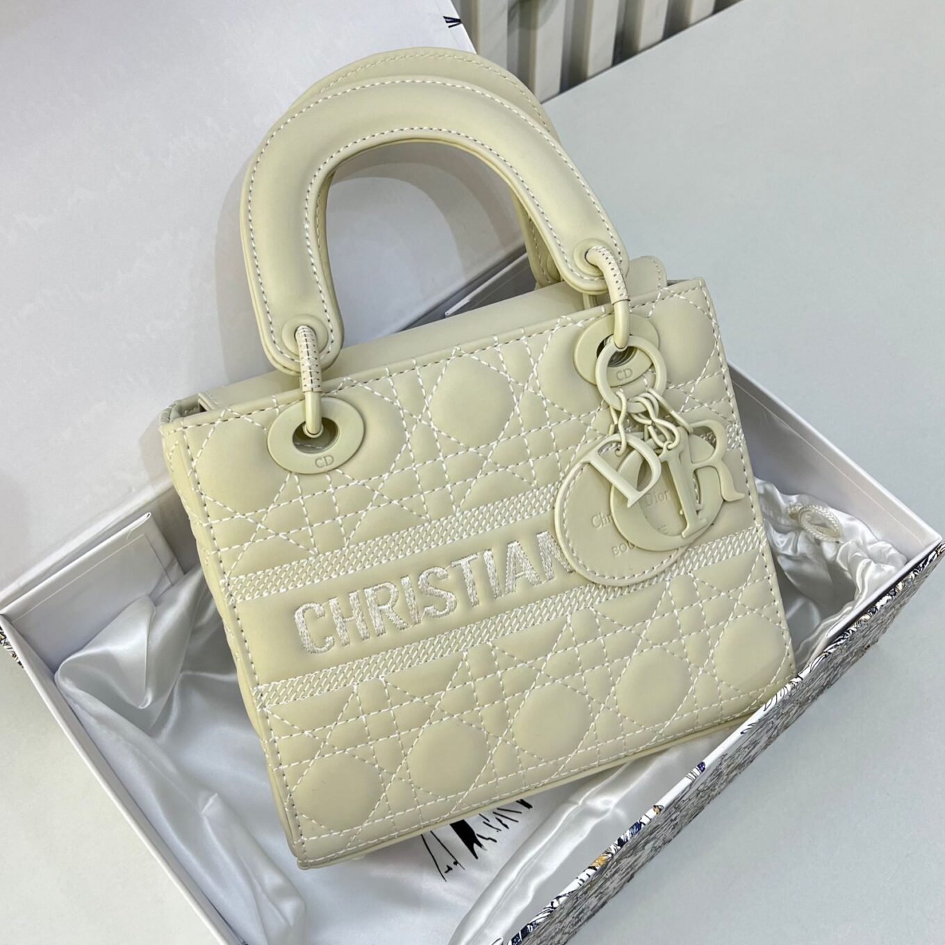 Dior Off White Matte Lady Dior Handbag (With Box)
