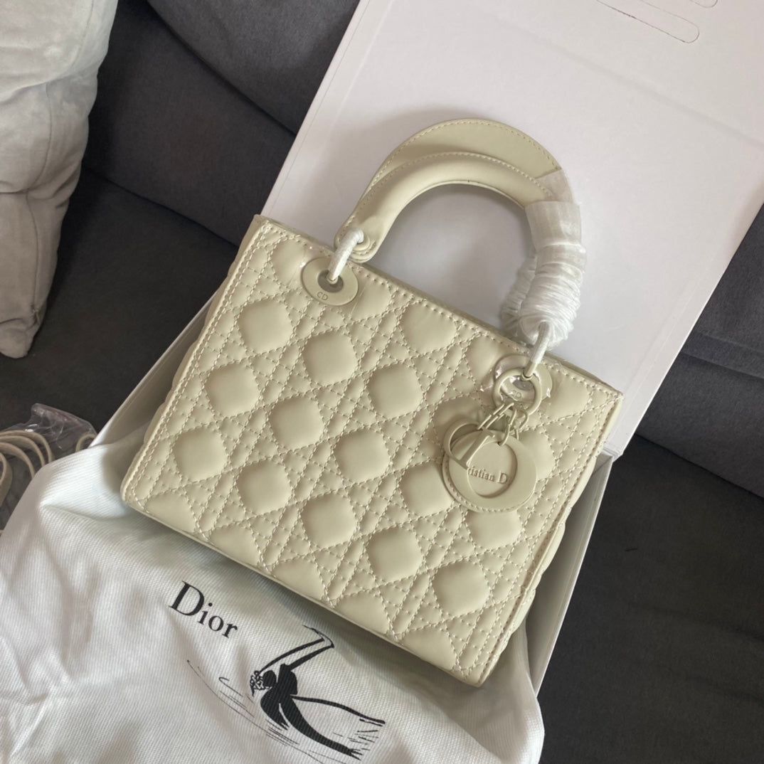 Dior Off White Matte Medium Lady Dior Handbag (With Box)