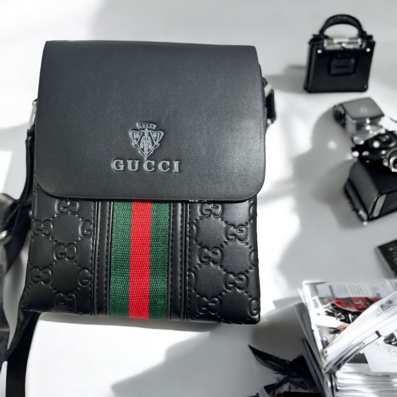 Gucci Small Black Embossed Messenger Bag