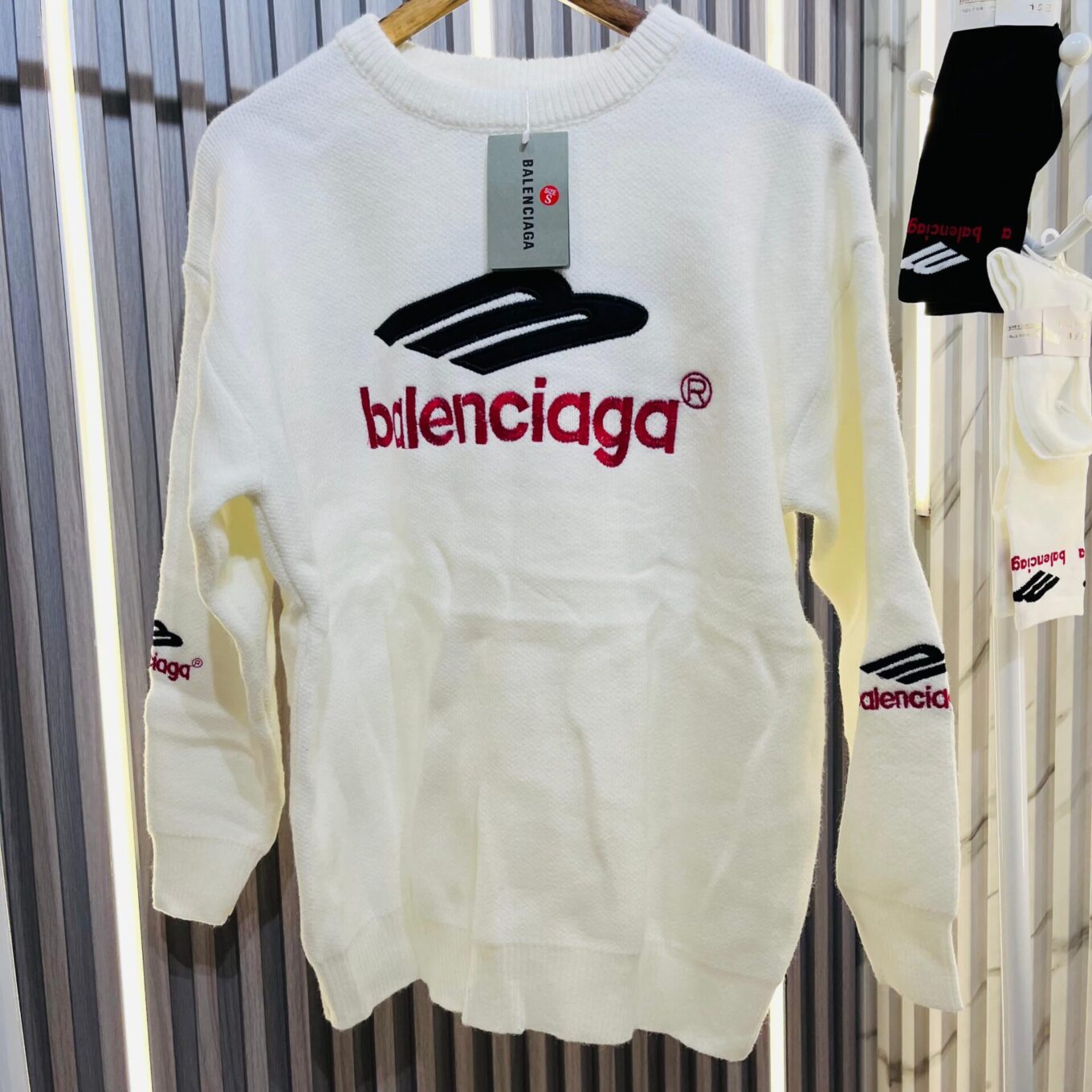 Balenciaga Round Neck White Long Sweater With Matching Long Socks