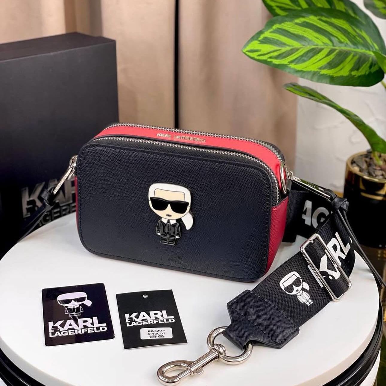 Karl Lagerfeld Black / Red Camera Crossbody Sling Bag (With Box)