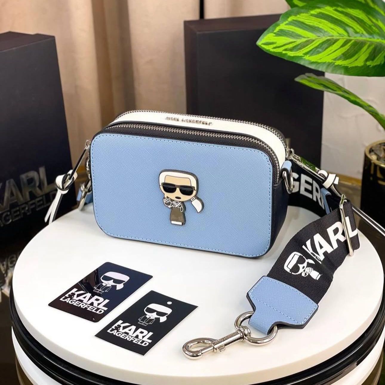 Karl Lagerfeld Sky Blue / White Camera Crossbody Sling Bag (With Box)