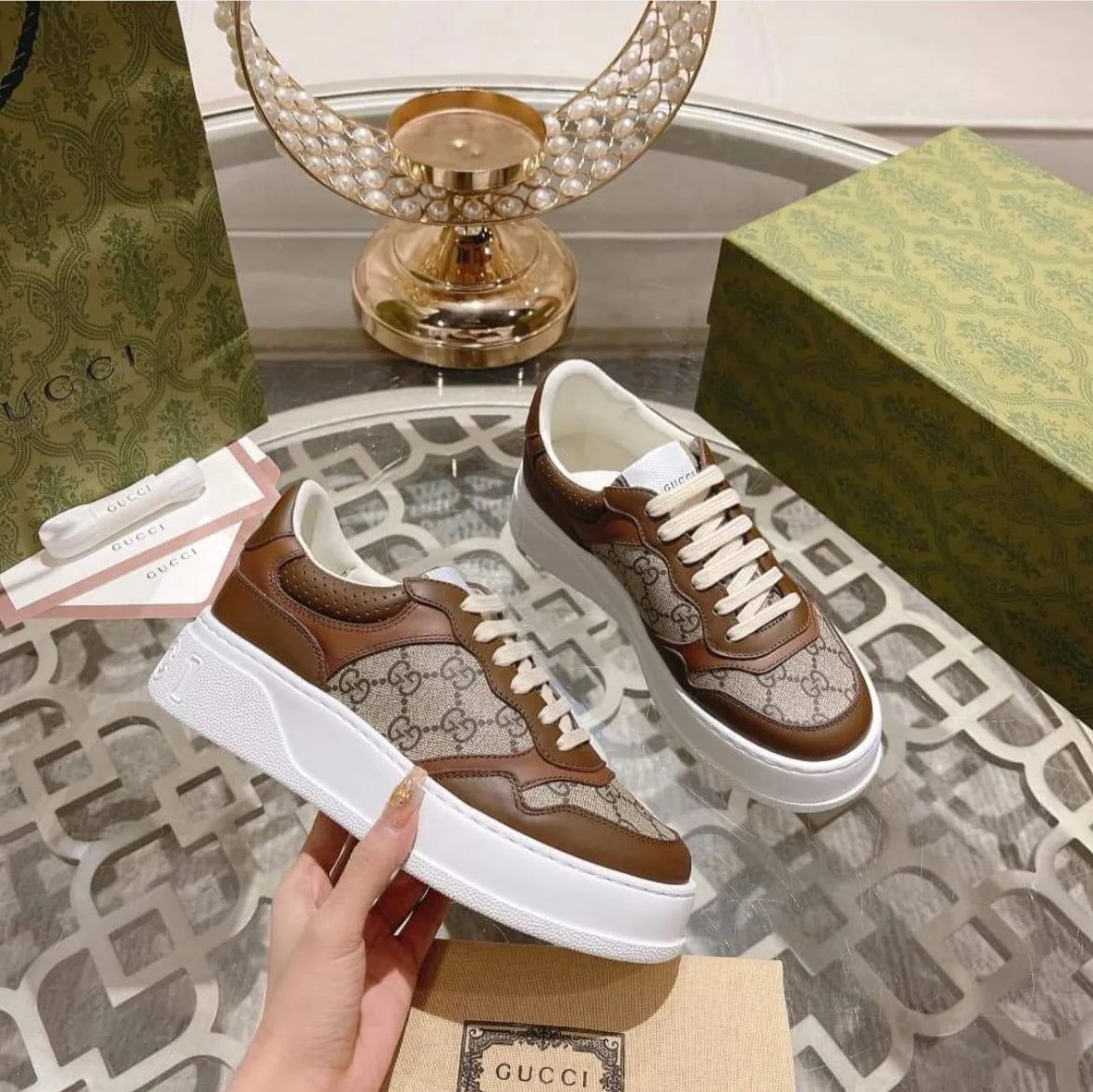 Gucci Chunky B Leather Brown Canvas Sneaker For Men