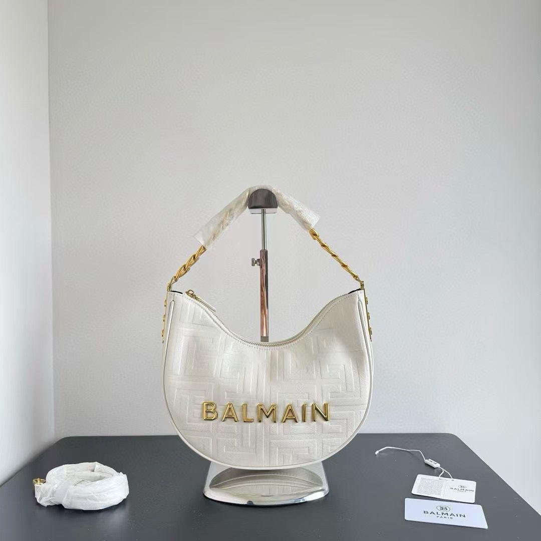 Balmain Embossed White Moon Hobo Chain Shoulder Bag (With Box)