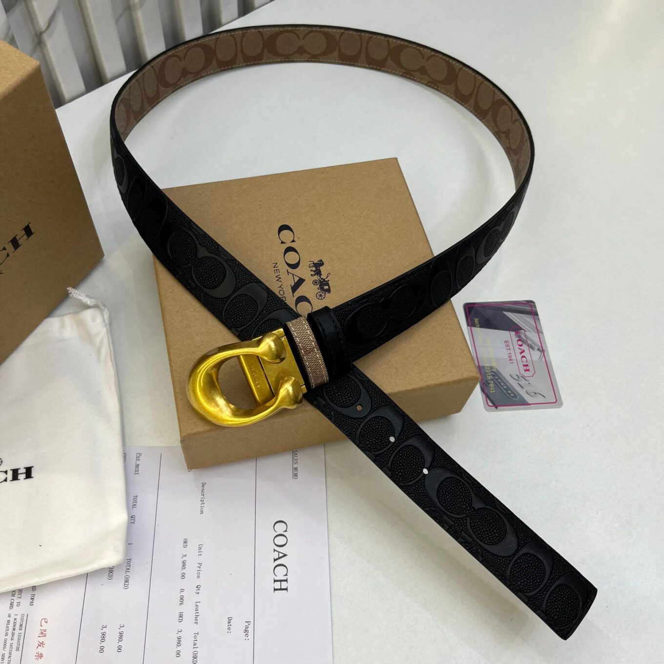 Coach Apricot Black Embossed Reversible Belt For Men