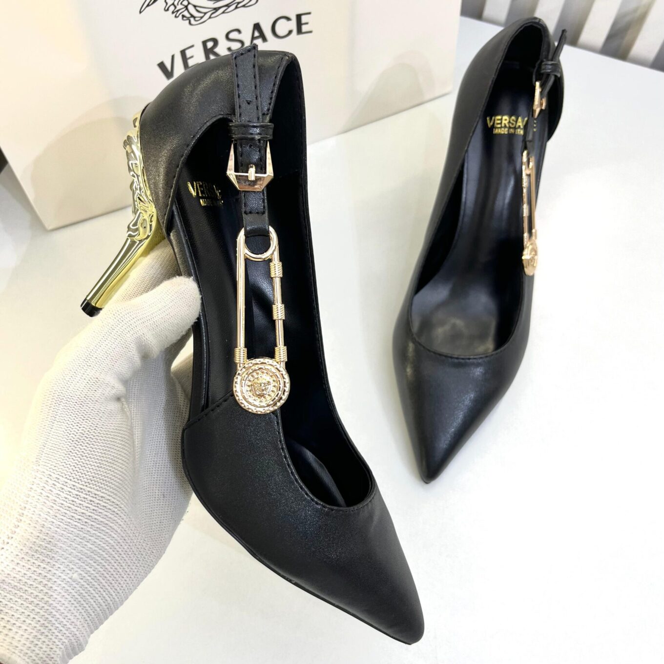 Versace Black Safety Pin Pump Heel For Women