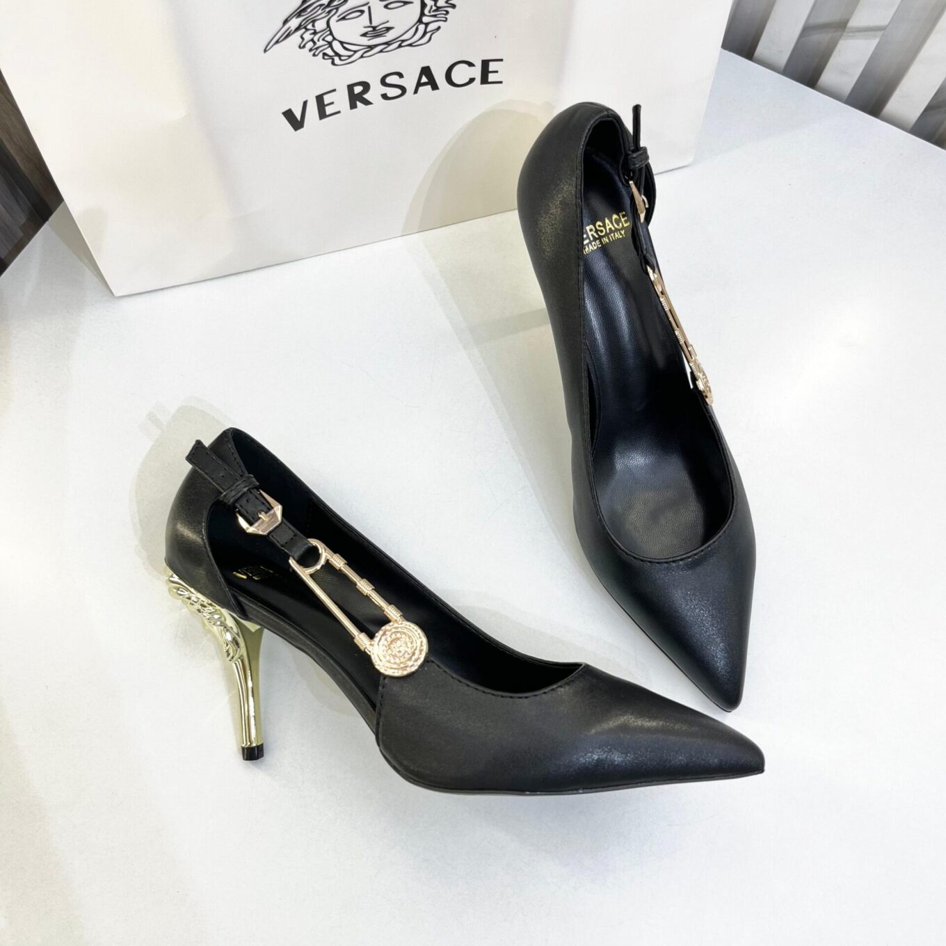 Versace Black Safety Pin Pump Heel For Women