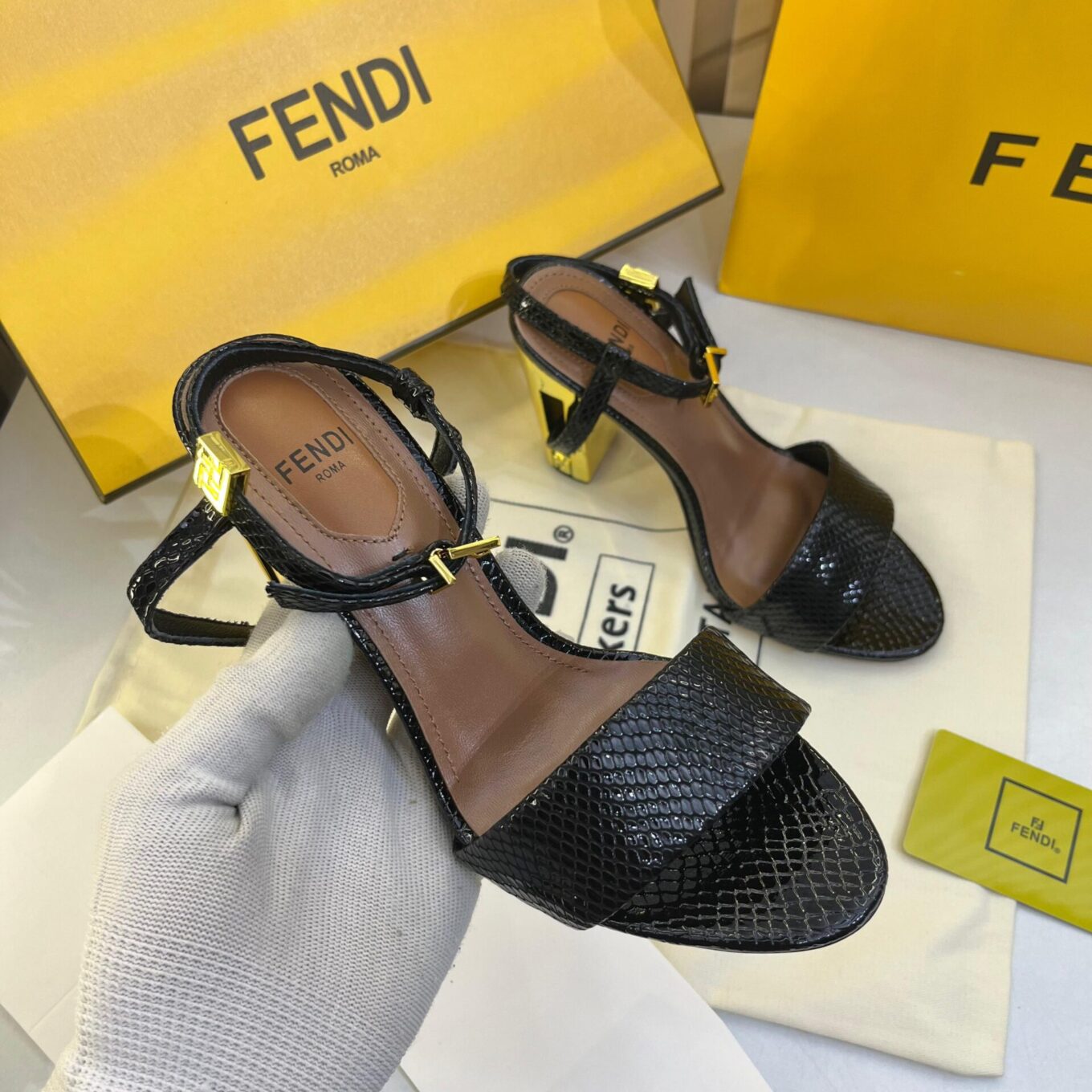 Fendi Zucca Croco Black Heeled Sandal