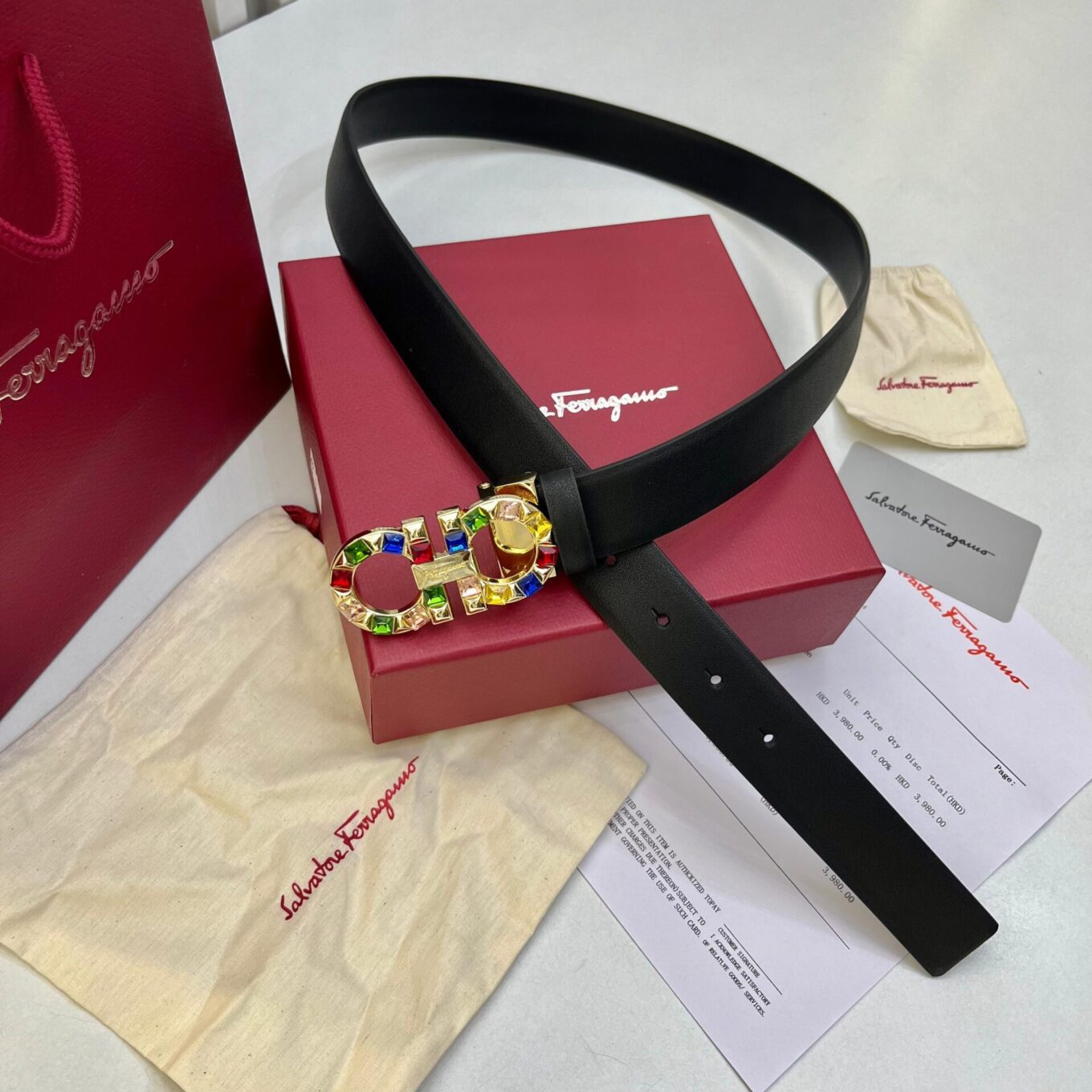 Salvatore Ferragamo Gold Gancini Buckle and Multicolor Crystals Black Belt