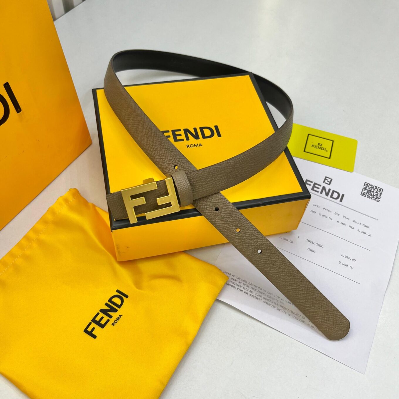 Fendi Khaki FF Logo Belt