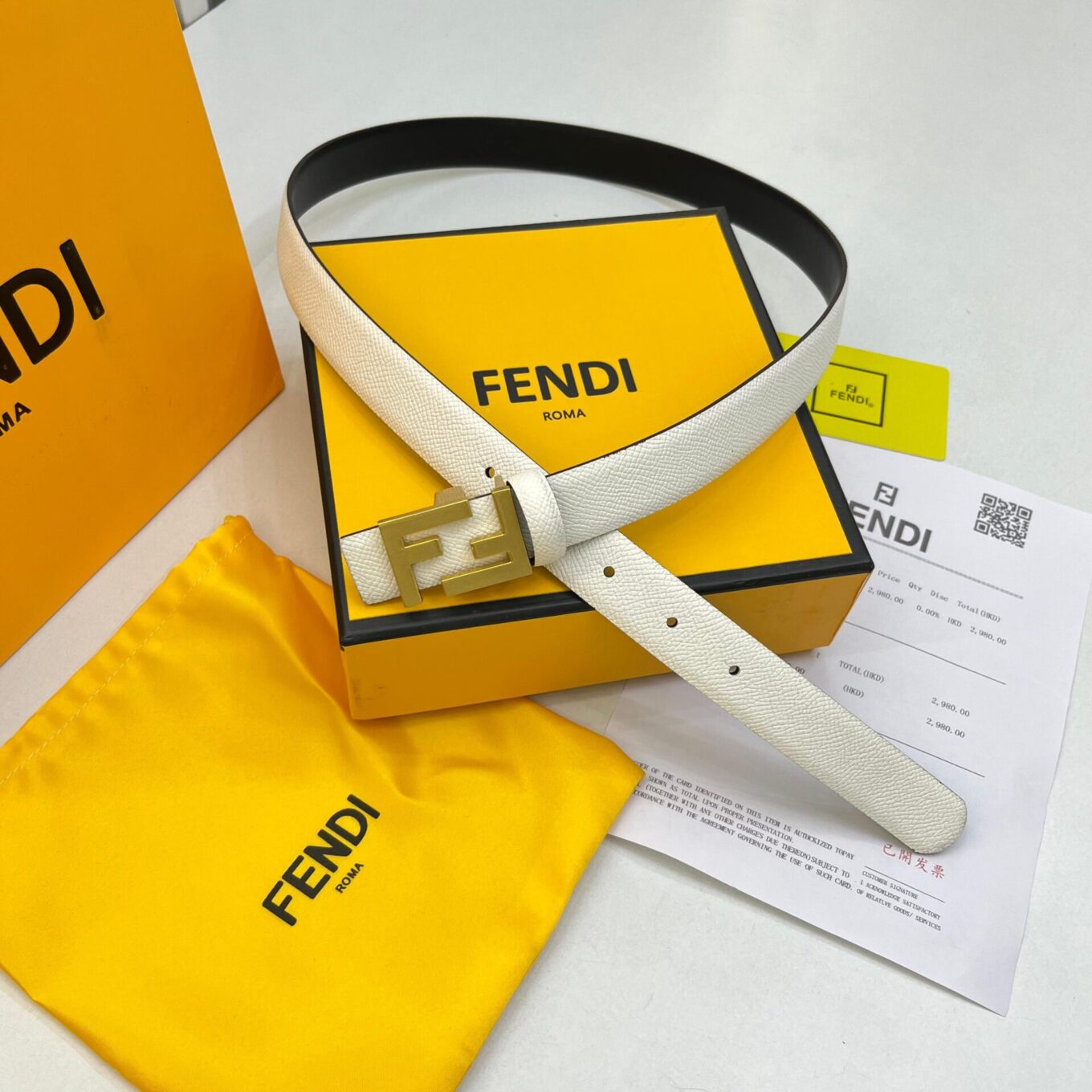 Fendi White FF Logo Belt