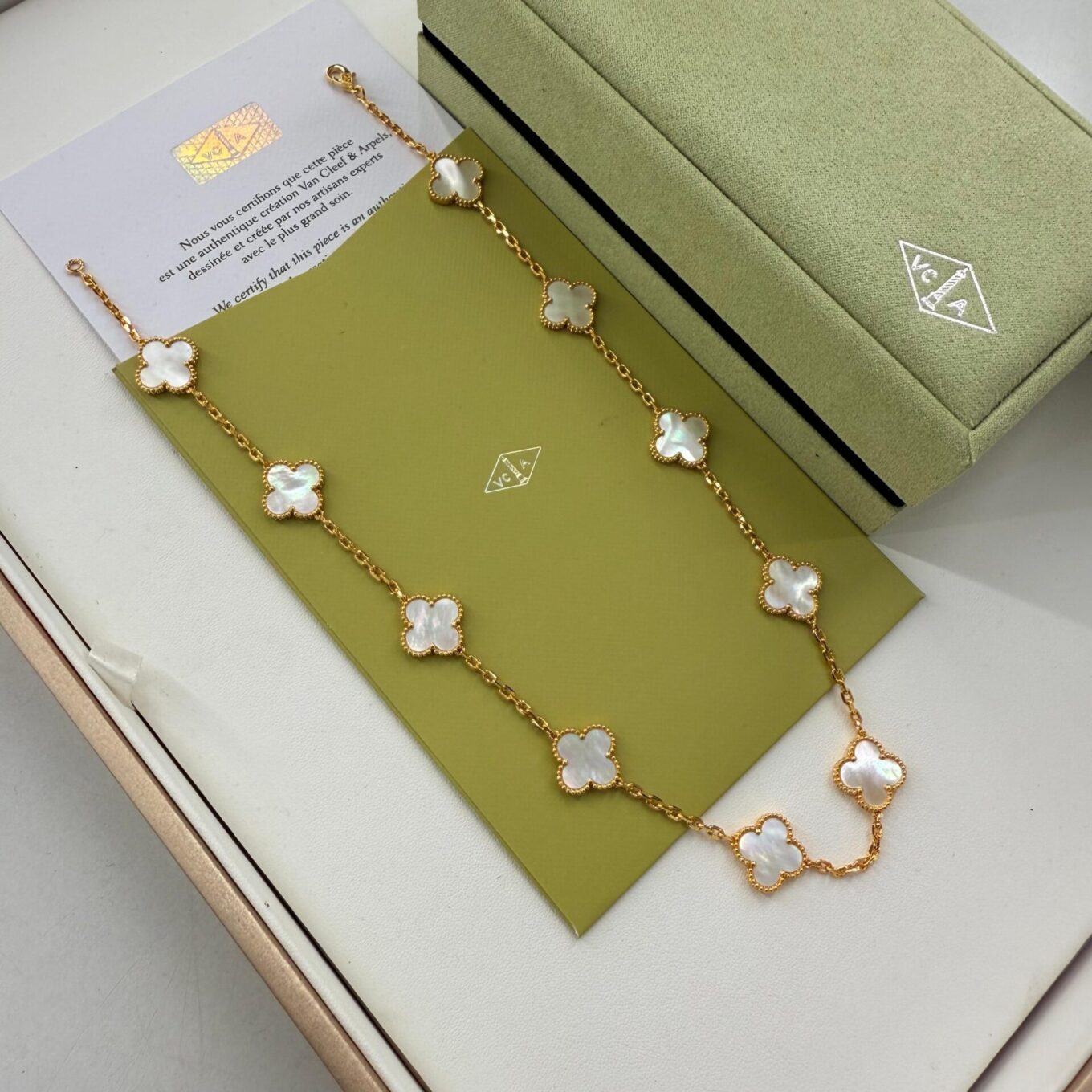 Van Cleef Alhambra White Marble Clover Rose Gold Color Necklace