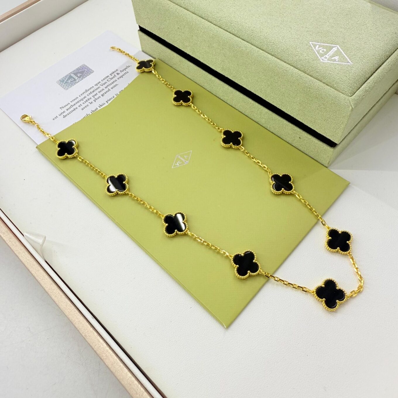 Van Cleef Alhambra Black Marble Clover Gold Color Necklace