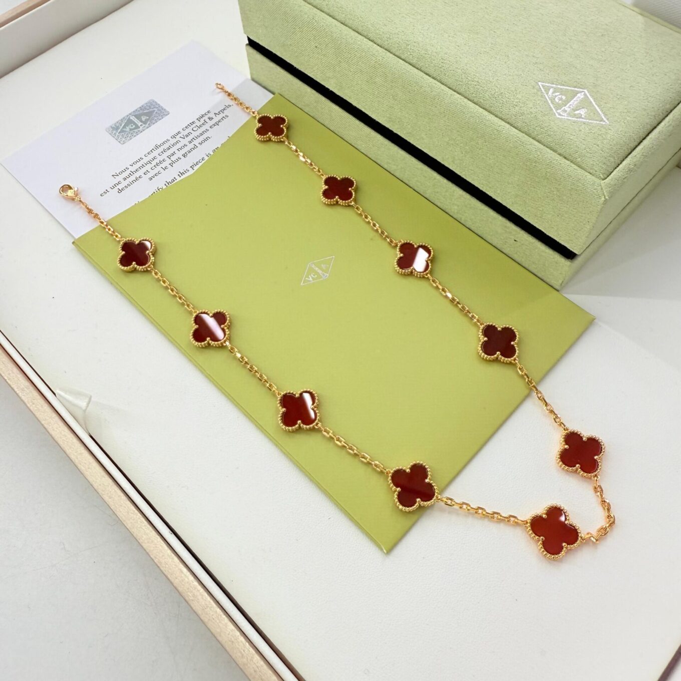 Van Cleef Alhambra Red Marble Clover Rose Gold Color Necklace