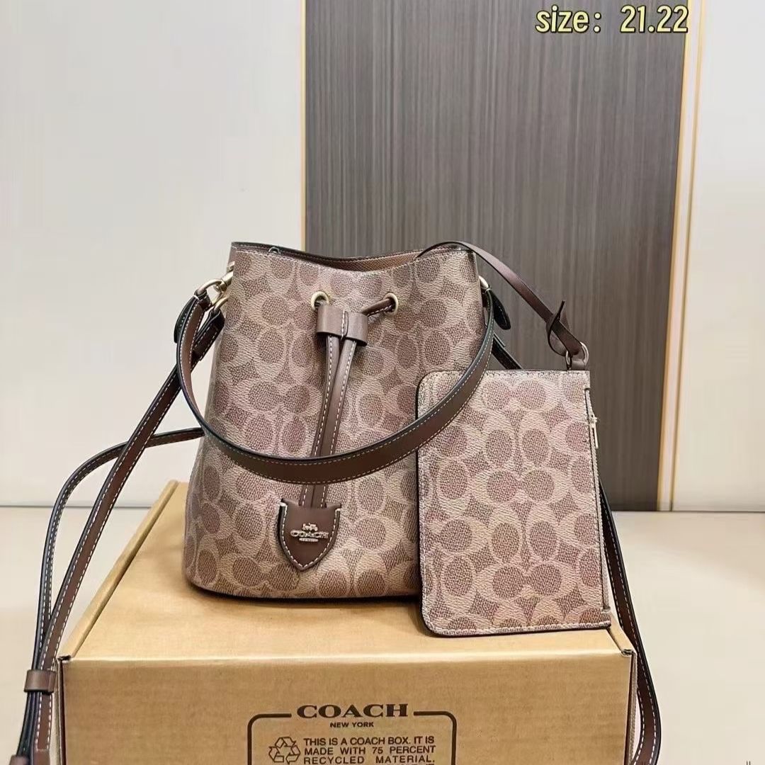 Coach Rowan Signature Apricot Brown Bucket Sling Bag (With Box)