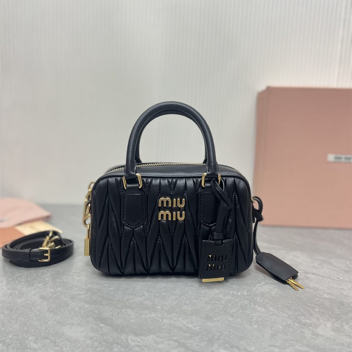 Miu Miu Arcadie Matlasse Nappa Black Bowling Bag (With Box)