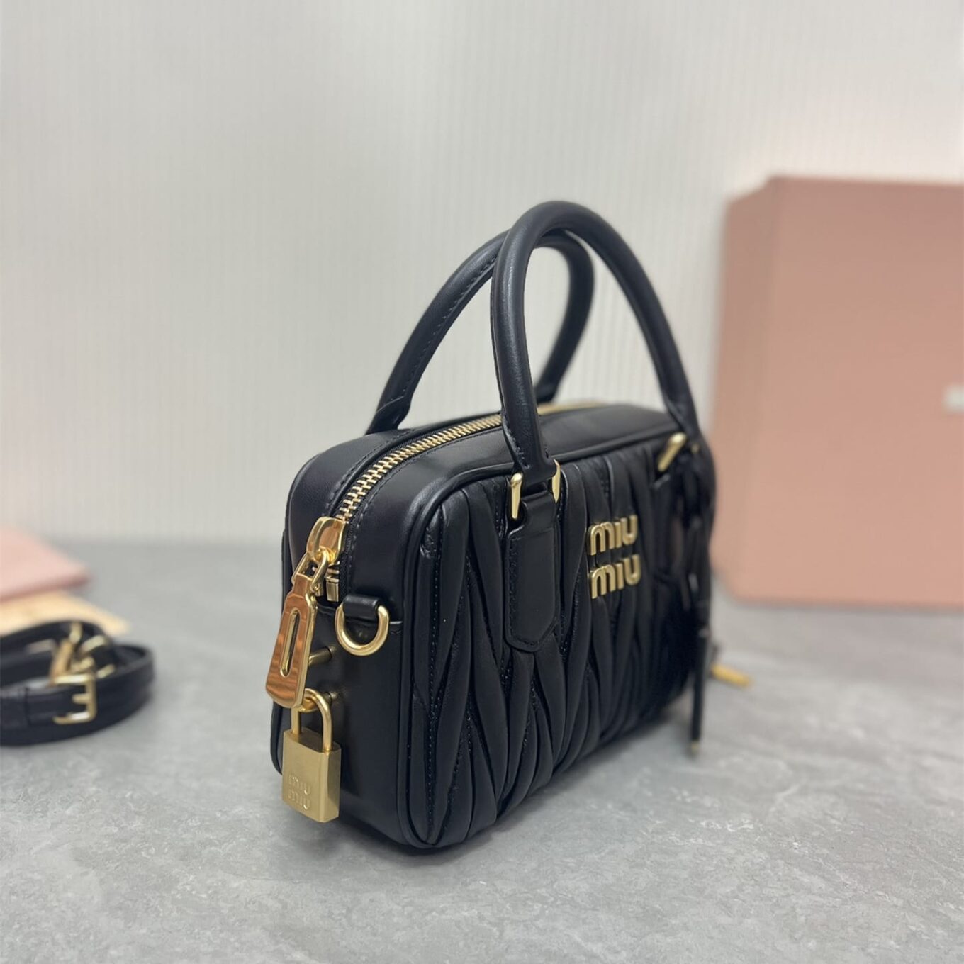Miu Miu Arcadie Matlasse Nappa Black Bowling Bag (With Box)