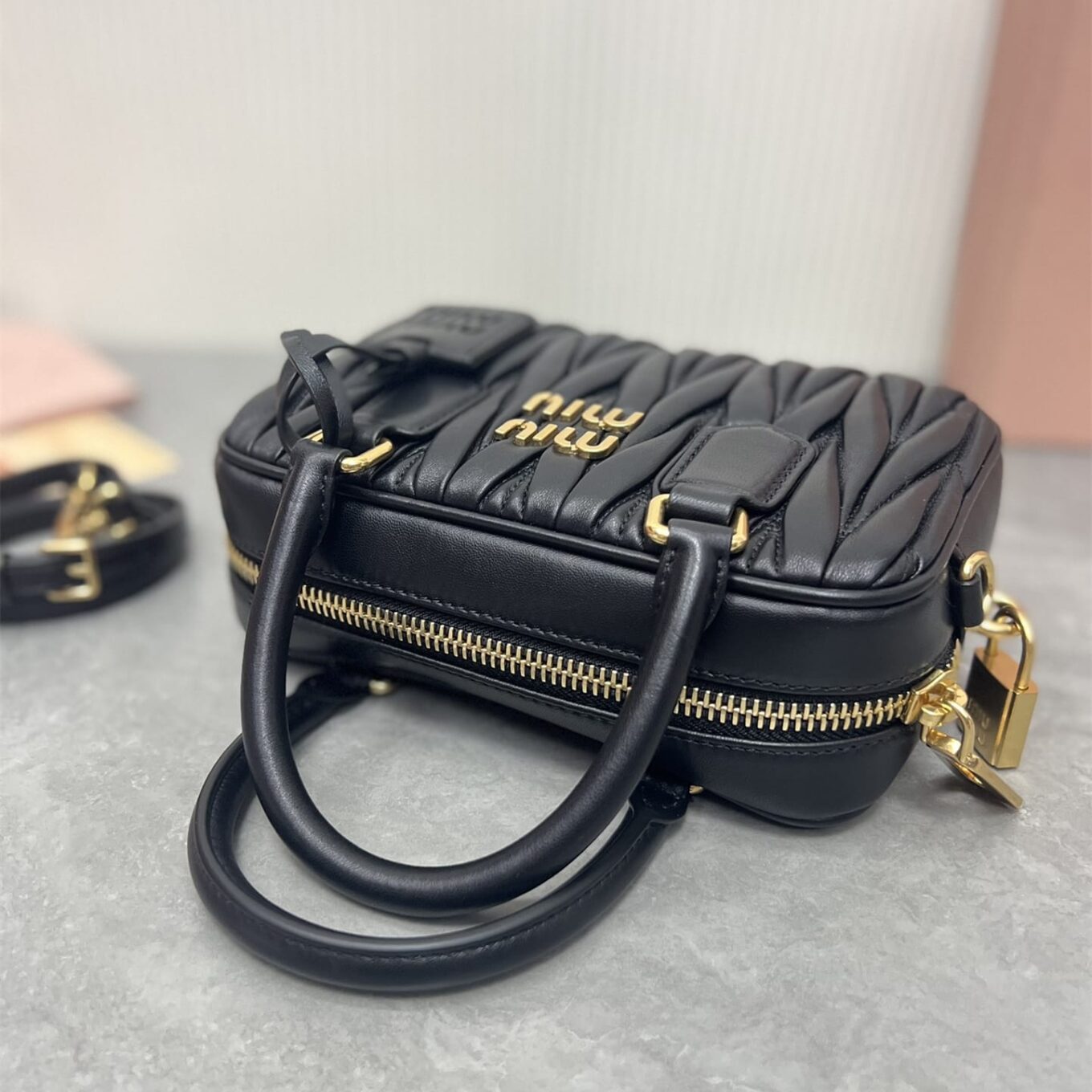 Miu Miu Arcadie Matlasse Nappa Black Bowling Bag (With Box)