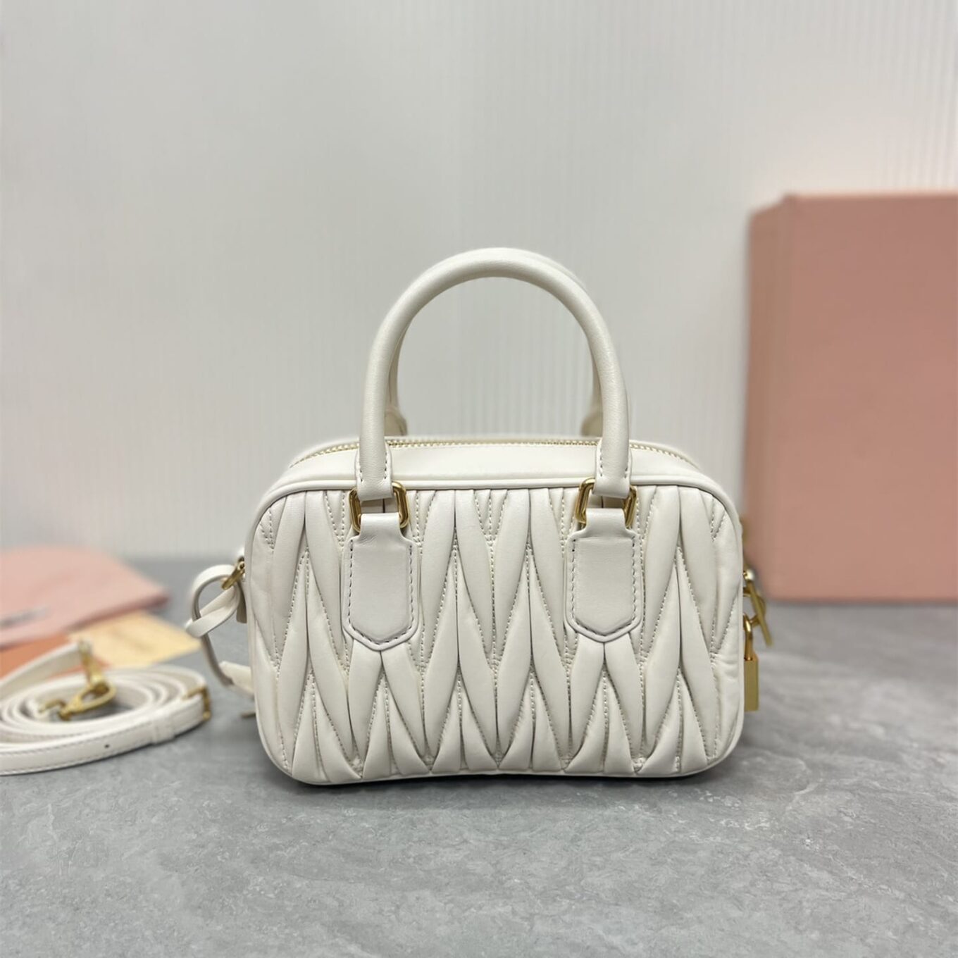Miu Miu Arcadie Matlasse Nappa White  Bowling Bag (With Box)
