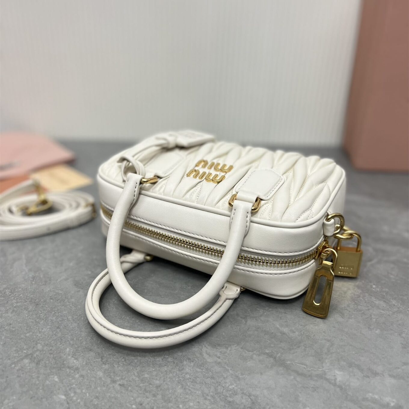 Miu Miu Arcadie Matlasse Nappa White  Bowling Bag (With Box)