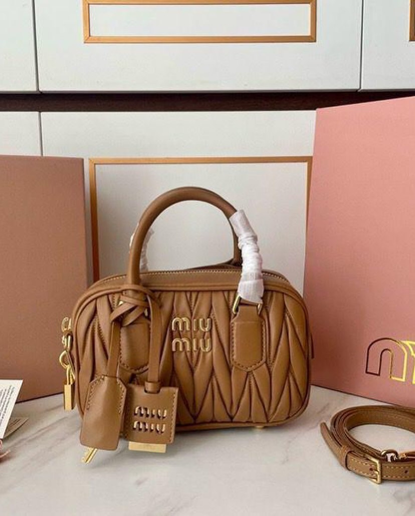 Miu Miu Arcadie Matlasse Nappa Brown Bowling Bag (With Box)