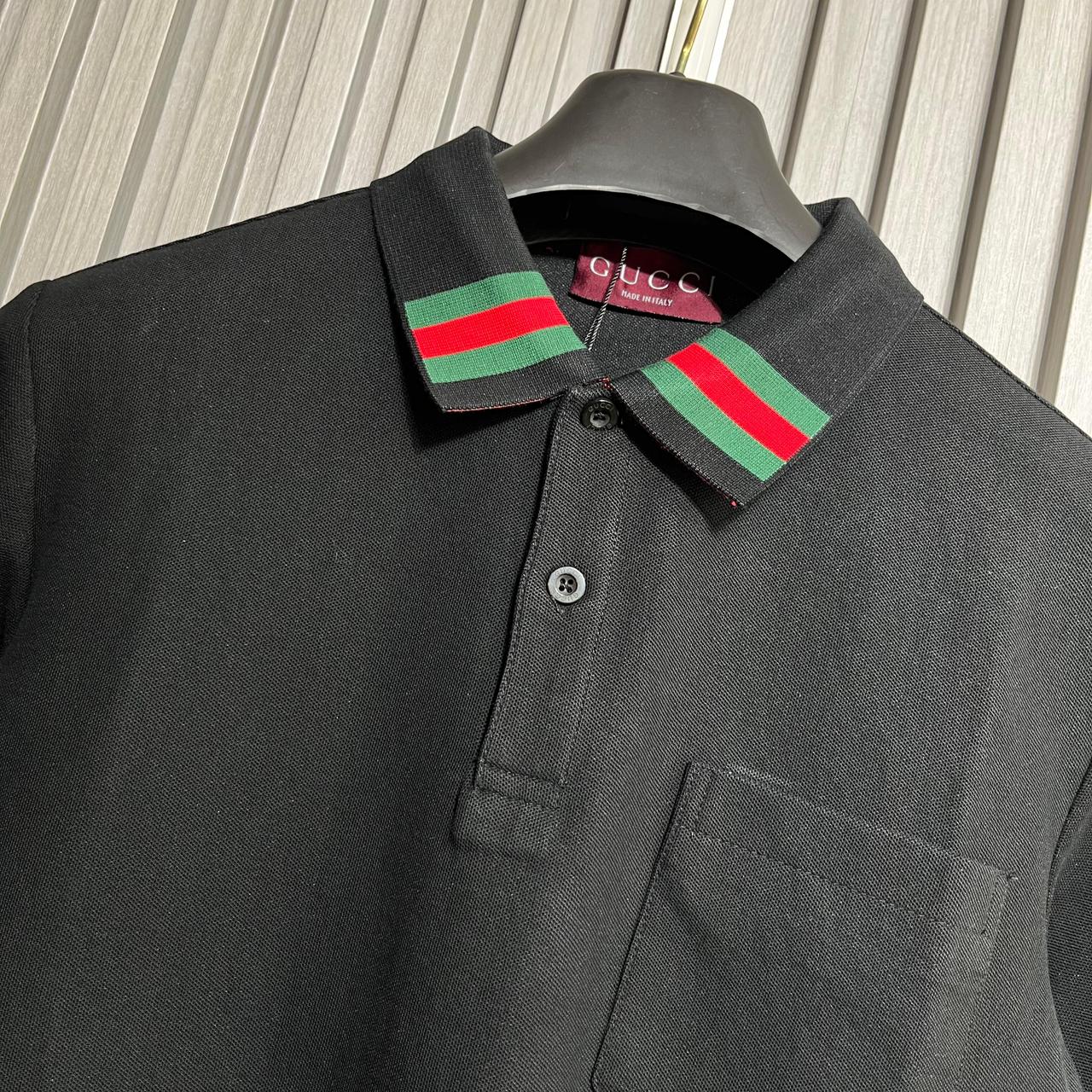 Gucci Black Polo Tshirt with Web Stripe Collar