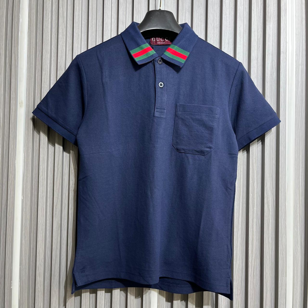 Gucci Blue Polo Tshirt with Web Stripe Collar