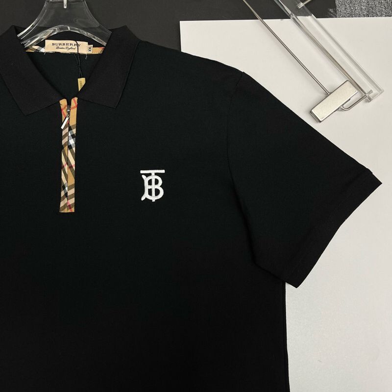 Burberry Black Polo Shirt with Monogram Logo & Check Trim