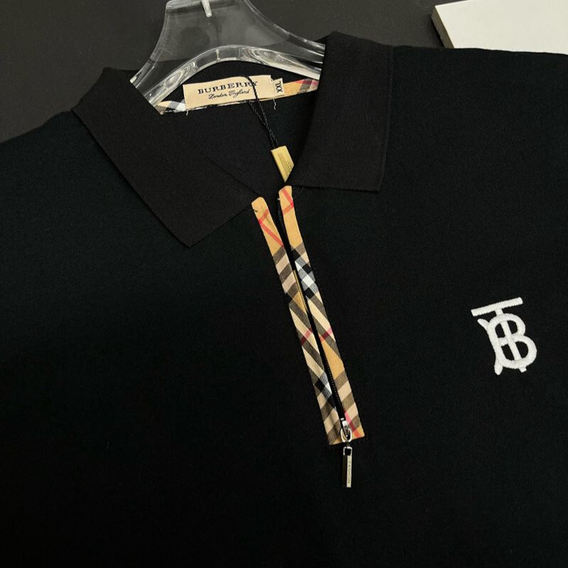 Burberry Black Polo Shirt with Monogram Logo & Check Trim