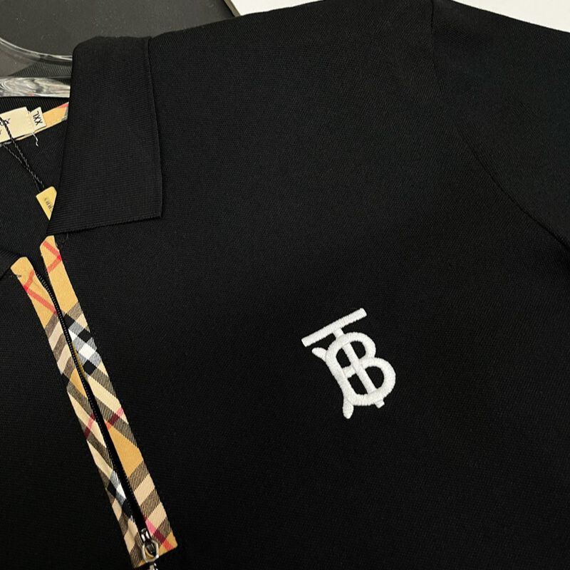 Burberry Black Polo Shirt with Monogram Logo & Check Trim