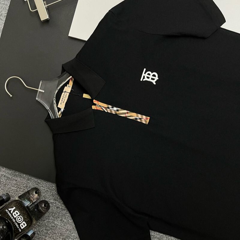 Burberry Black Polo Shirt with Monogram Logo & Check Trim
