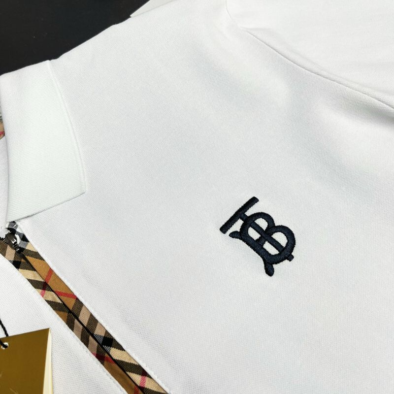 Burberry White Polo Shirt with Monogram Logo & Check Trim