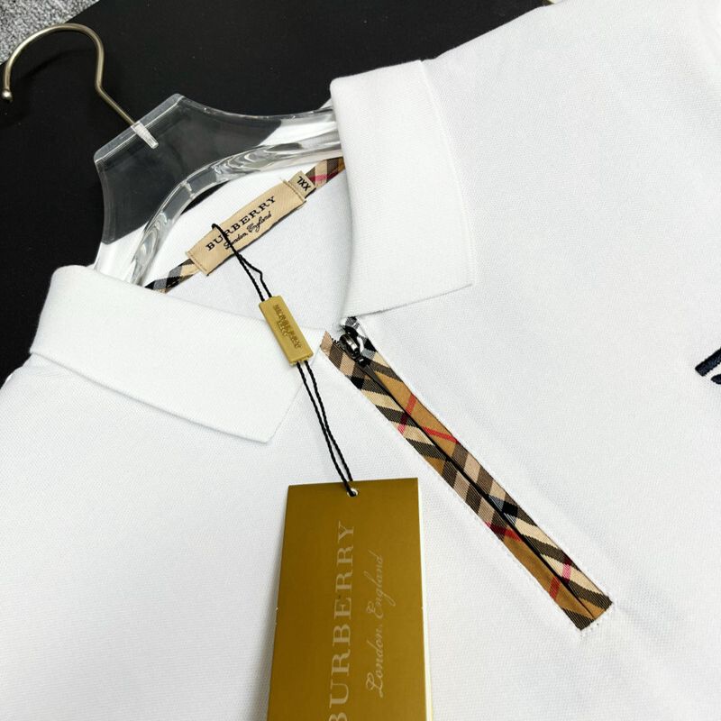 Burberry White Polo Shirt with Monogram Logo & Check Trim