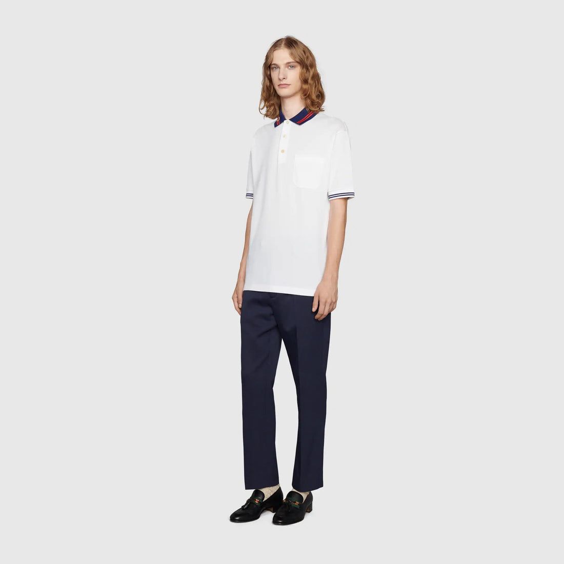 Gucci White Polo Tshirt with Blue Collar Trim