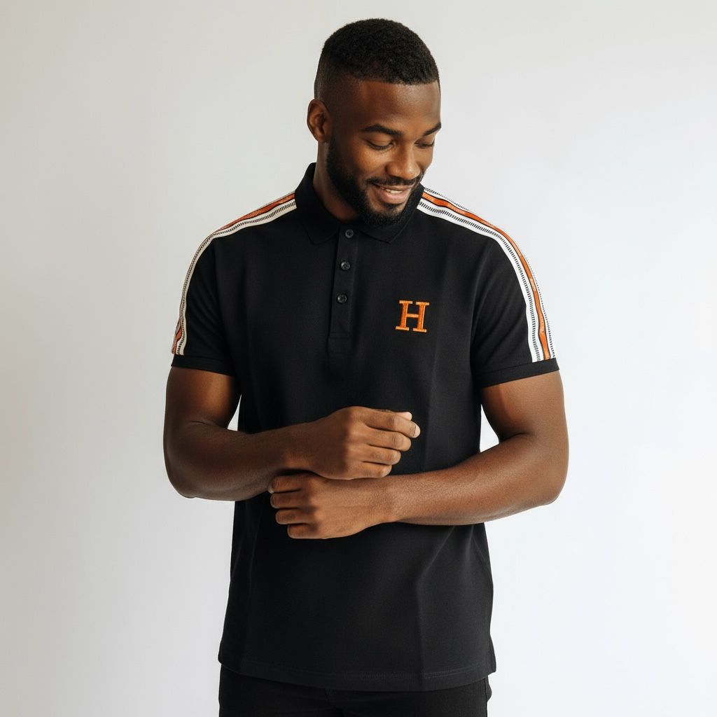 Hermes Black Polo With Stripped Shoulder Tshirt