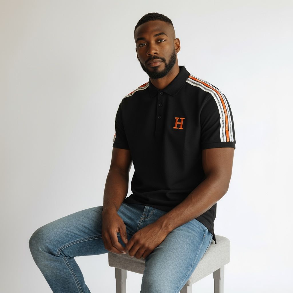 Hermes Black Polo With Stripped Shoulder Tshirt