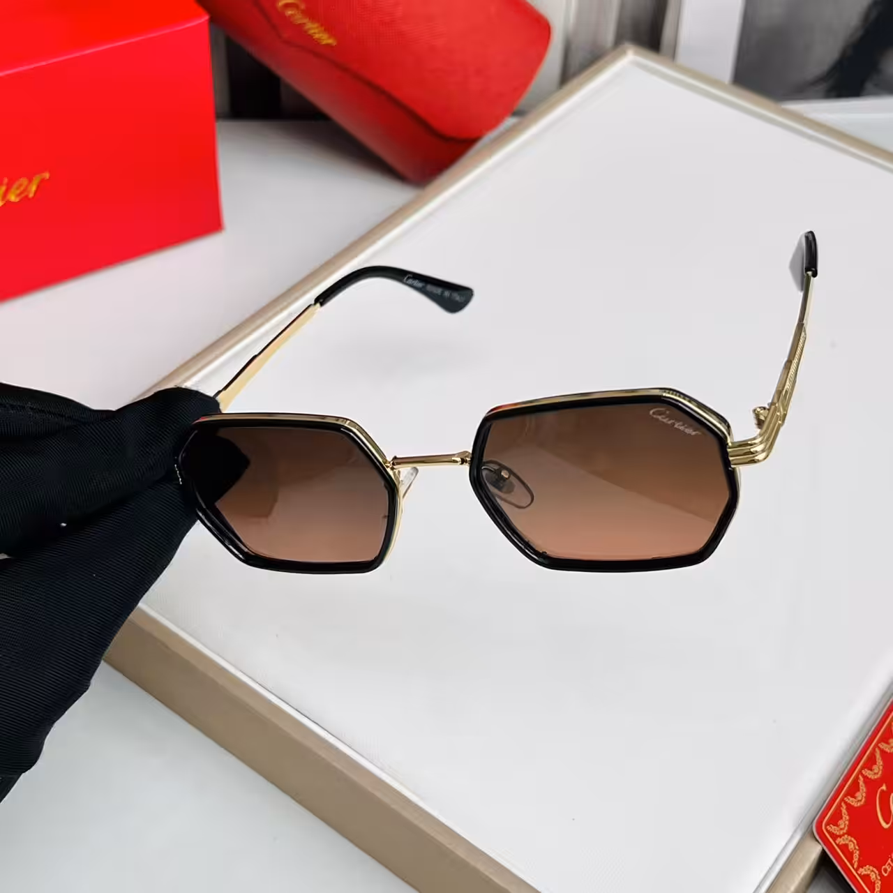 Cartier Gold Hexagon Brown Unisex Gradient Sunglass